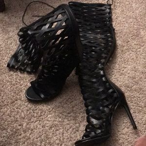 Ladies black lace thigh high boots